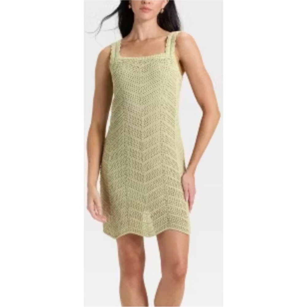 A New Day Light Green Crochet Chevron Mini Dress Square Neck Large NWT
